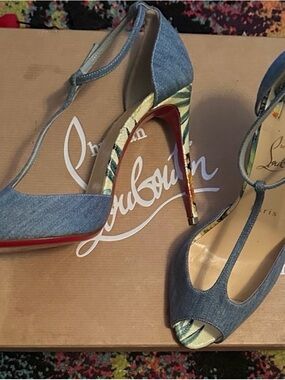 Christian Louboutin Denim T-Strap Peep-Toe Pumps with Red Sole